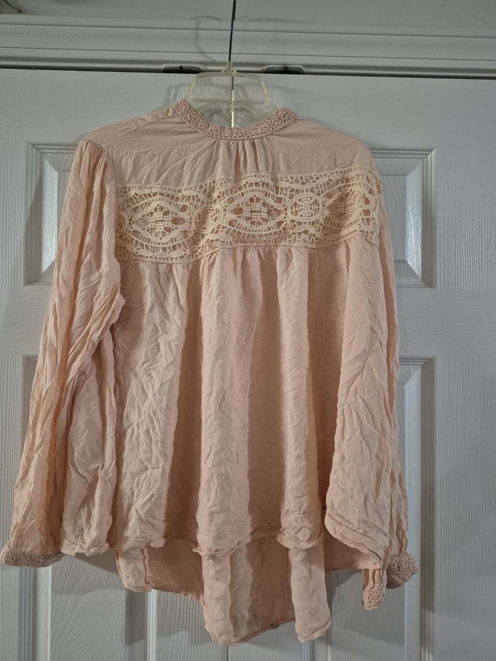 Cato Blush Peach Crochet Yoke Long Sleeve Blouse